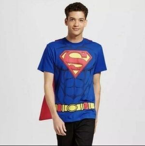 Superman Tee T-Shirt w/ Velcro Cape Glow In The Dark Halloween Costume Superhero